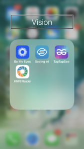 A screenshot of a folder on an iPhone named 'Vision'. Inside the folder are four apps. From left to right, they are: Be My Eyes, Seeing AI, TapTapSee and KNFB Reader.