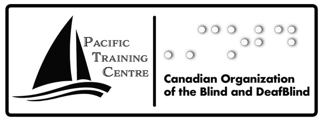 On the left-hand side of this logo is the PTC Sailboat above gentle waves with the words 'Pacific Training Centre'. On the right side is the letters 'cobd' in Braille and the words 'Canadian Organization of the Blind and DeafBlind' in print.