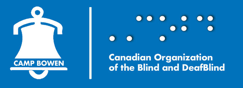 The Camp Bowen logo: On the left of a light blue rectangle is a white steam locomotive bell with the words 'Camp Bowen' around the rim. To its right, a white line serves as a divider between the bell and Braille that reads ‘COBD’. Below the Braille, print reads 'Canadian Organization of the Blind and DeafBlind’.